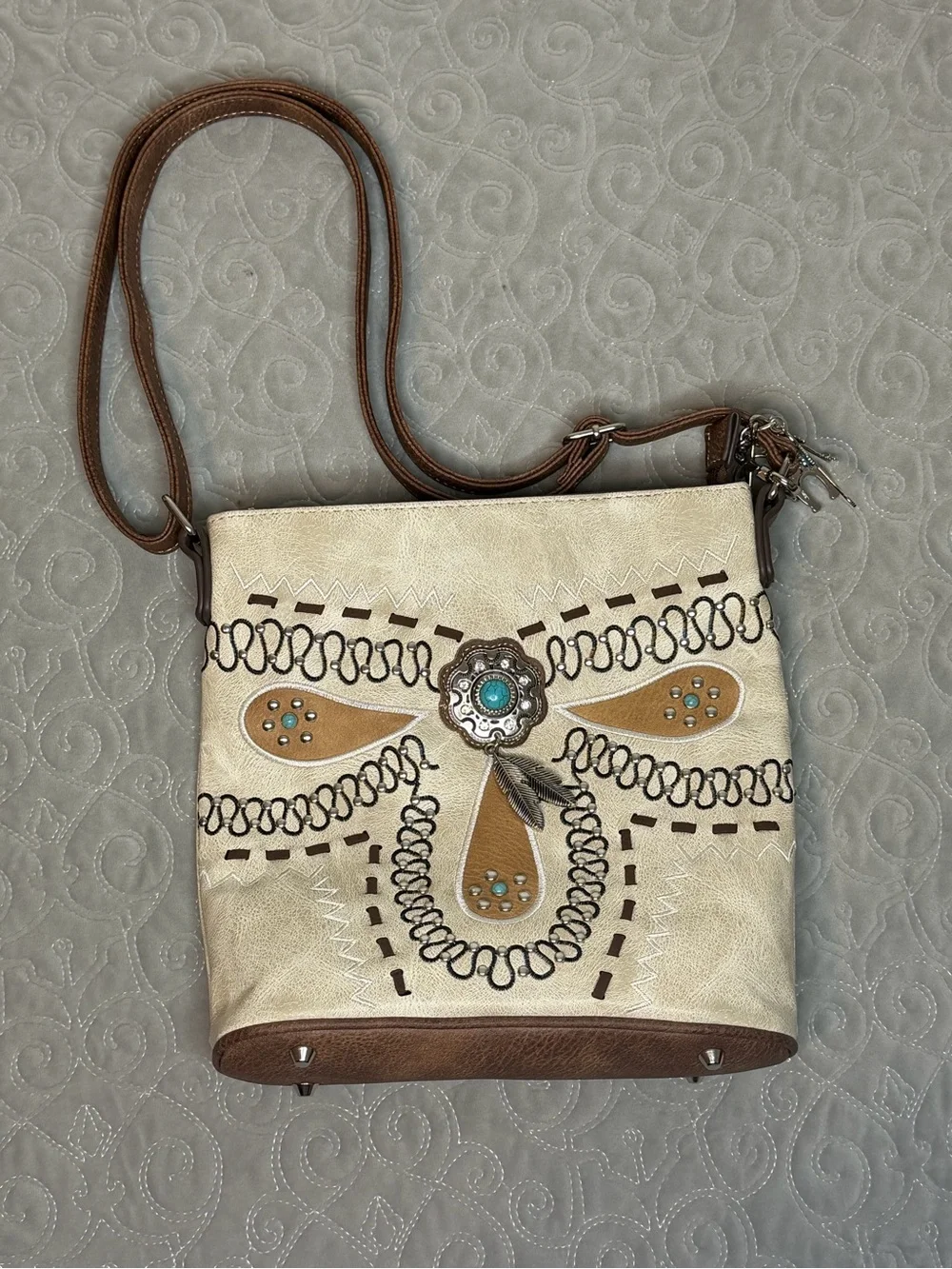 Women's Cream and Tan Crossbody Bag with Turquoise Accent